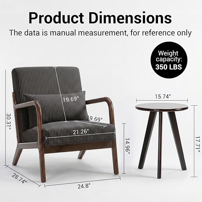 Mid Century Modern Accent Chair with Side Table, Upholstered Corduroy Armchair with Lumbar Pillow, Solid Rubberwood Frame for Living Room, Bedroom, Reading Nook, Dary Grey/Walnut