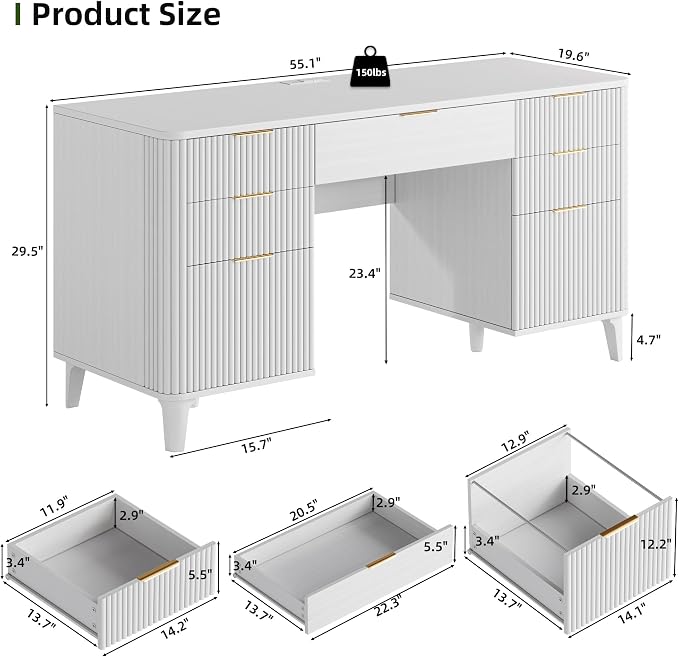 55.1" Fluted Executive Desk with Drawers, White Desk with Storage Cabinet, Home Office Desk with Charging Station, Farmhouse Desk with File Cabinet for Office Home