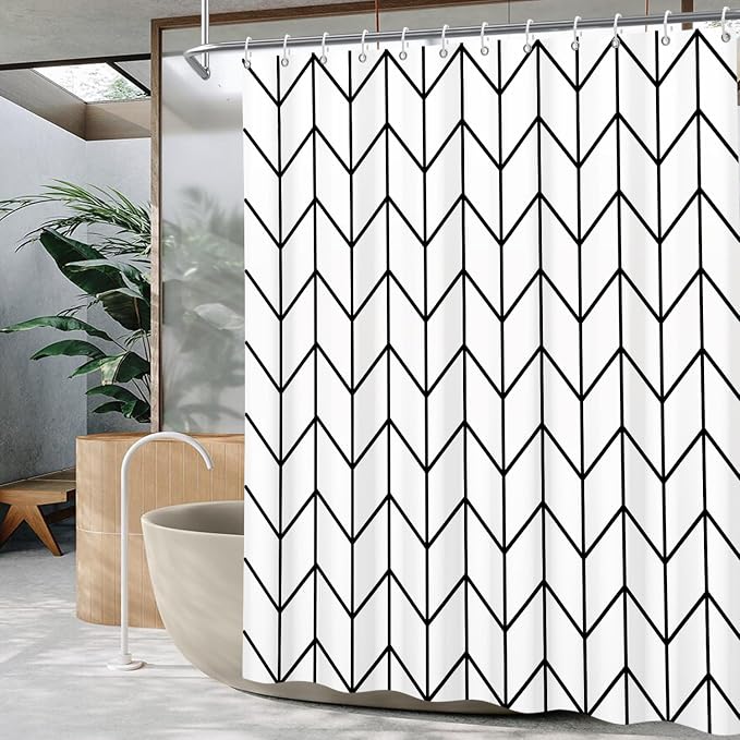 Boho Herringbone Shower Curtains Black White Zig Zag Geometric Bathroom Curtain Minimalist Abstract Polyester Shower Curtain Sets for Bathroom Extra Long 69x70 in with 12 Hooks