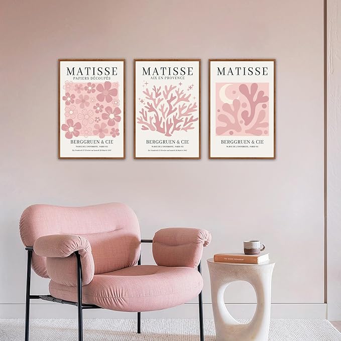 HLNIUC Pink Matisse Picasso Framed Wall Art,Neutral Pink Flower Canvas Wall Decor Set of 3(16”x24’) Modern Aesthetic Pictures Wall Painting,Abstract Floral Market Art Print for Living Room,Bedroom