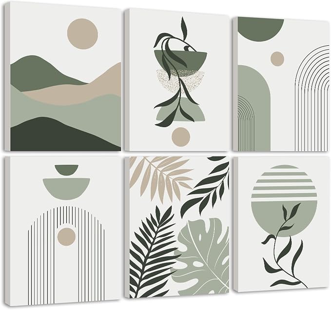Drsoum Boho Framed Wall Art Minimalist Geometric Abstract Boho Room Decor Green Sage Botanical Mid Century Modern Bohemian Prints Living Room Bedroom Ready to Hang 8x10inx6pcs (Framed)