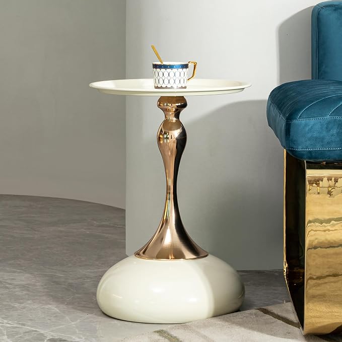 Small Round Side Table, 15" White End Table for Small Space, Modern Bistro Cocktail Table with Metal Pedestal Base, Mini Coffee Table for Living Room, Bedroom, Kitchen, Cafe, Apartment