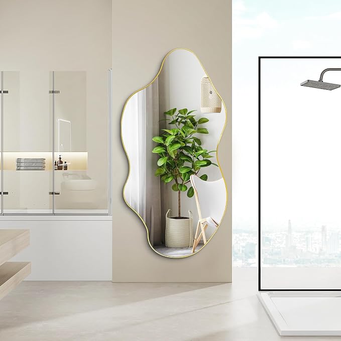 Large Irregular Mirror, 59"x30" Gold Asymmetrical Frameless Mirror Full Length, Organic Shape Wall Mirrors for Entryway Living Room Bedroom Hallway, Hangs Vertically or Horizontally