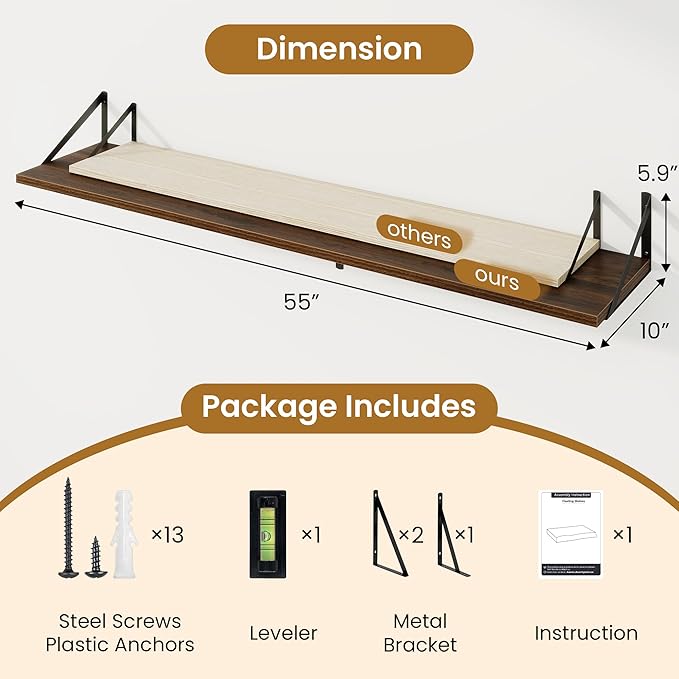 Deep Floating Shelves,55" Wx10 D Wood Wall Shelves Set of 2,Long Wood Floating Shelf with Metal Brackets,Floating Bookshelf for Living Room,Kitchen,Office,Bedroom,Decor Storage,Walnut