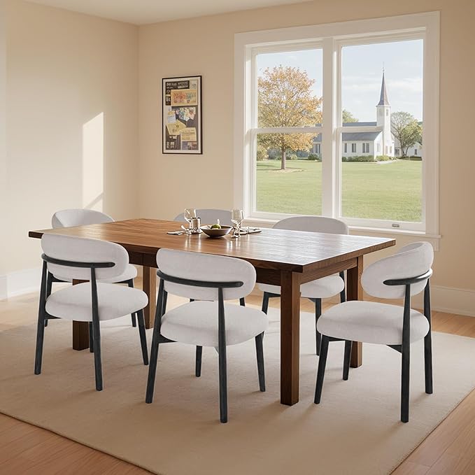 Farmhouse Dining Chairs Set of 8,Mid Century Modern Fabric Upholstered Kitchen Chairs,Wooden Dining Room Chair with Curved Back Black Leg for Kitchen Dining Room Restaurant Cafe,Linen Gray,Only Chairs