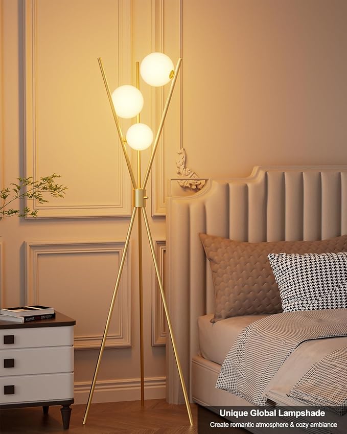 Lightdot Globe Modern Floor Lamp Stepless Dimmable Gold Tripod Standing Lamps with 3PCS 3000K Bulbs Included Stable Based Mid Century Modern Floor Lamp for Living Room/Bedroom/Sofa Beside/Corner Decor