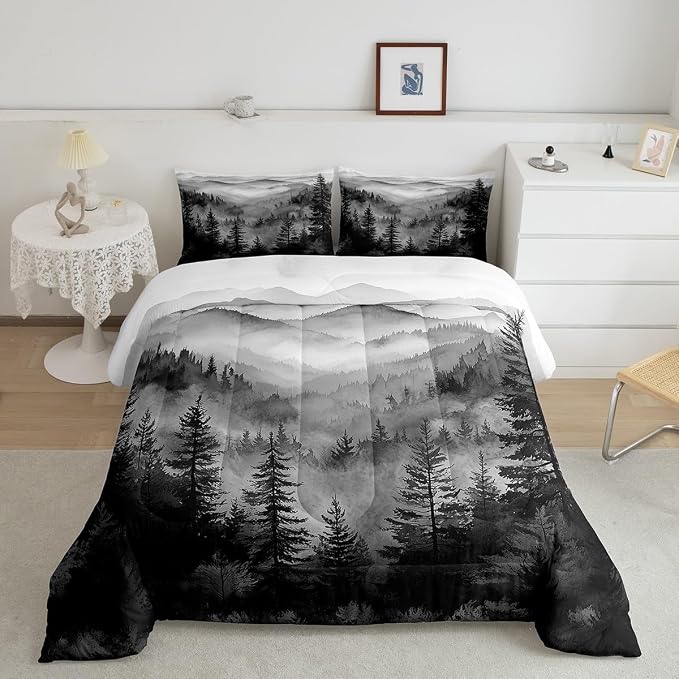 Erosebridal Black White Misty Forest Toddler Bedding Set Jungle Smoky Mountain Comforter Set Nature Foggy Pine Tree Down Comforter for Kids Teens Rustic Nature Woodland Bed Set Bedroom Decor