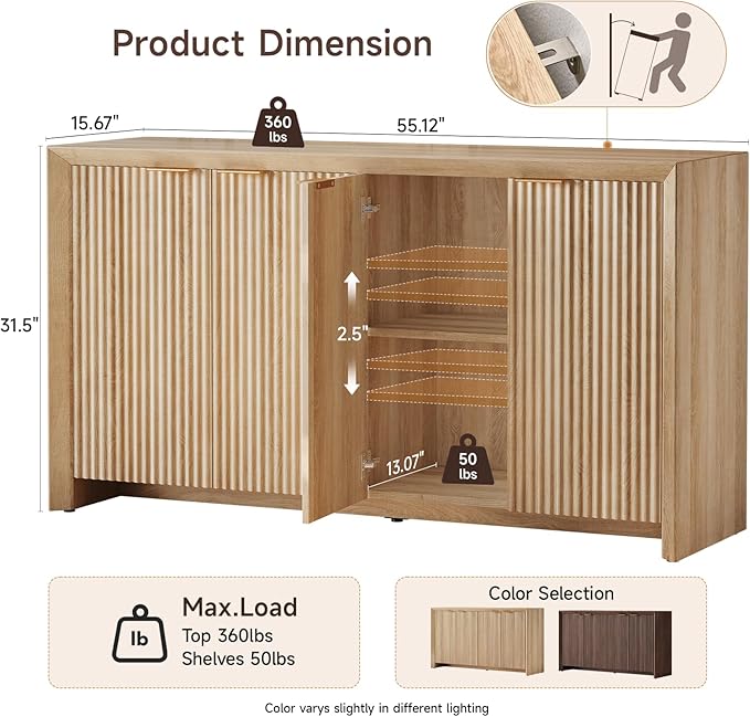 ONBRILL Fluted Sideboard Buffet Cabinet with Storage, Wooden Modern Fluted Sideboard with 4 Doors and 5 Adjustable Shelves, Coffee Bar Table for Dining Room, Hallway, Kitchen (Natural Oak)