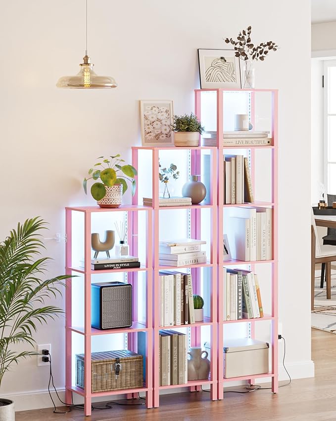 Open Book Shelf with LED Lights, 4 Tier Small Bookshelf, Freestanding Shelf Narrow Bookcase with Open Shelves, 14.96" x 10.63" x 41.26", Book Shelves for Living Room, Office, Study, Pink