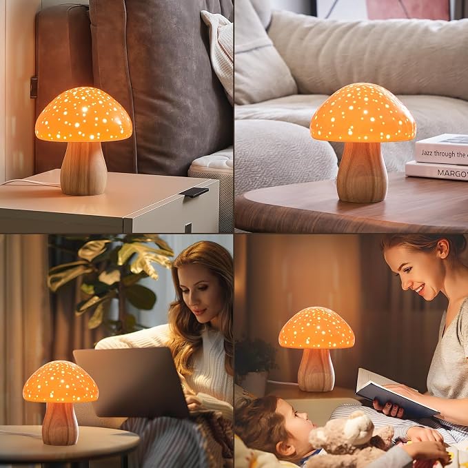 BOHON Mushroom Lamp, Ceramic Bedside Table Lamp for Bedroom Nightstand, Retro Vintage Orange Night Light, Small Aesthetic Lamp for Living Room Desk Home Decor, LED Bulb Included, Orange