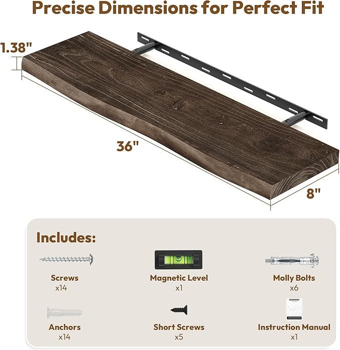 Vivelove Live Edge Floating Shelves Set of 2, Solid Elm Wood Wall Display Shelf with Invisible Bracket for Living Room Bedroom Bathroom Office, Rustic Farmhouse, 36 inch - Dark Walnut