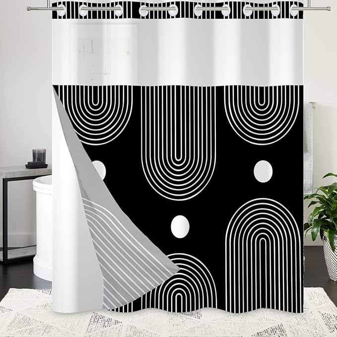 No Hook Shower Curtain with Snap in Liner Boho Mid Century Shower Curtains for Bathroom Hotel Double Black Bath Curtain Washable 71x74 Inch