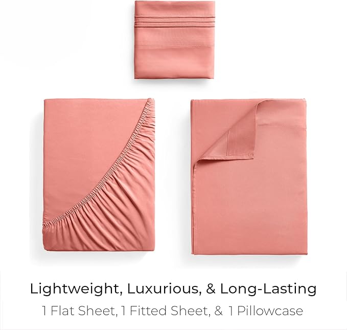 Mellanni Twin Sheets Set - 3 PC Iconic Collection Bedding - Hotel Luxury, Extra Soft, Cooling Bed Sheets - Wrinkle, Fade, Stain Resistant (Twin, Coral)