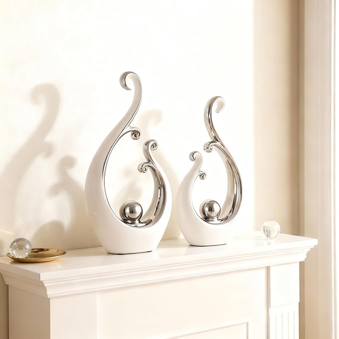 DOVDOV White and Silver Home Decor, Abstract Ceramic 2-Piece Sculpture Set, Modern mid-Century Art Statues, Perfect for Accent Tables, countertops, Coffee Tables, and entryway Decor.