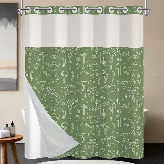 No Hook Shower Curtain with Snap in Liner for Kids Bathroom – Green Dinosaur Print Fabric Shower Curtain, Cartoon Funny Bath Decor with See Through Top Window for Boys and Girls, 71x74 Inch
