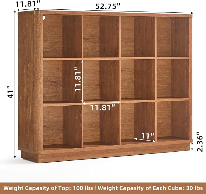 Joaxswe 12 Cube Storage Organizer, 41" Wide Large Bookshelf with Curved Edge, Wood Floor Standing 3-Tier Cubby Bookcase w/Base, Rustic Display Storage Cabinet, Book Case for Home Office, Brown