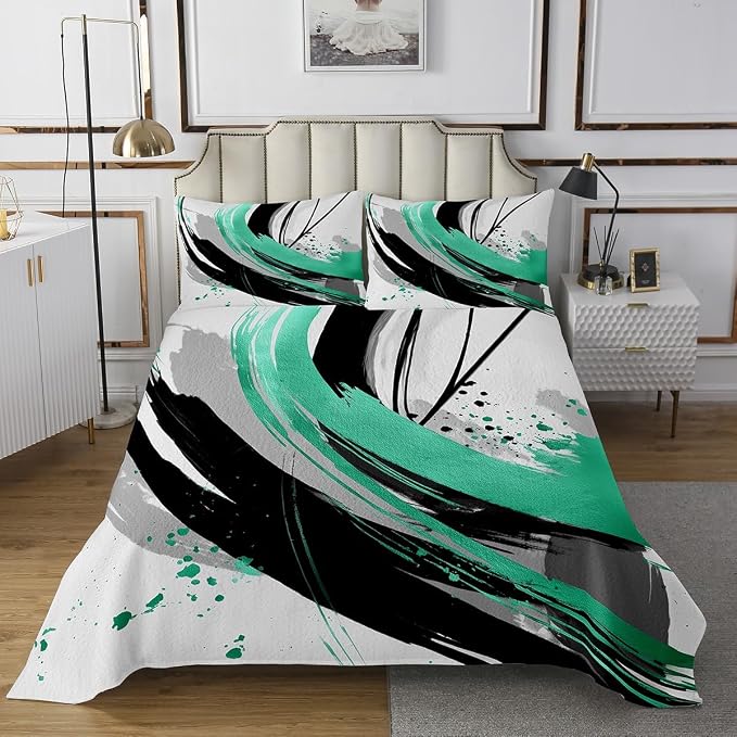 Erosebridal Black and Teal Quilt Set Twin - Striped Bedspread Set for Boys Adults Girls Geometric Decorative Abstract Coverlet Sets Minimalists Graffiti Aesthetic Lines Bedding Sets