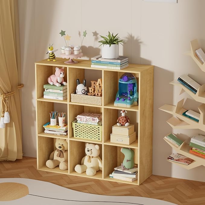 9 Cube Storage Organizer, Free Standing Display Shelf with Open Cubes, Floor Standing Book Shelf Bookcase with Storage for Home Office, Living Room, Bed Room (Oak, 9-Cube)