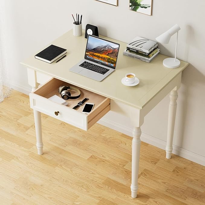 Beige Writing Desk with Drawer, 35" Solid Wood French Country Style Computer Desk for Home Office, Living Room Study or Workspace