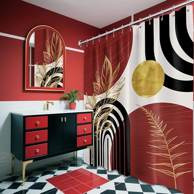 Black and Red Shower Curtain Boho Mid Century Burgundy Dark Red and Gold and White Shower Curtains for Bathroom Decor, Waterproof Cloth Fabric with Hooks, 70" W x 78" L