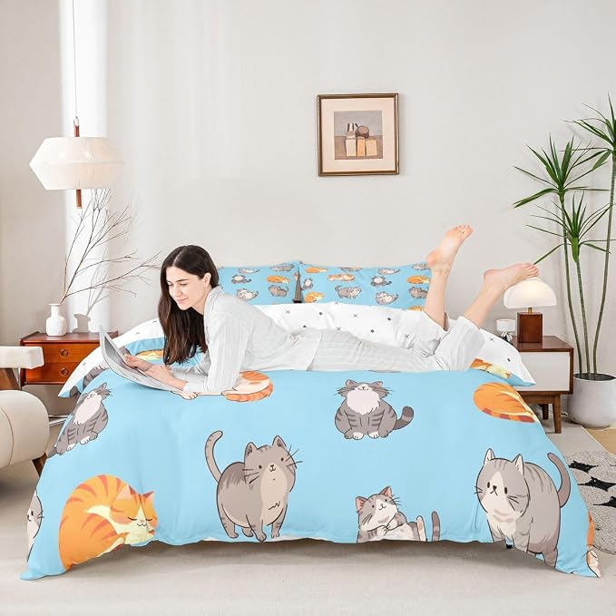 Erosebridal Cats Bedding Set King Cute Kitten Duvet Cover Cartoon Pets Animals Comforter Cover for Kids Girls Boys Adults Funny Cat Bed Set Blue