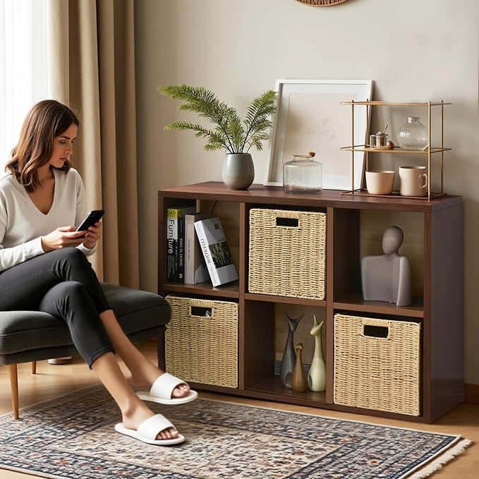IRONMIX Metal 6 Cube Storage Organizer, Modern Short Bookshelf, 2 Tier Horizontal Bookshelf Cube Shelf, TV Stand with Storage, Cabinet Display Case for Home Office Library (Dark Wooden, 1037-2 Set)