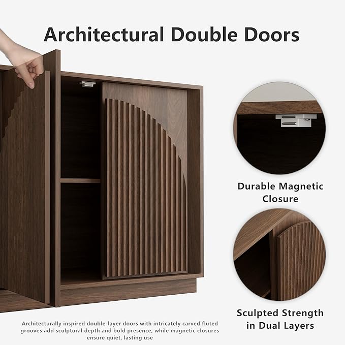 win2win Fluted Sideboard Buffet Cabinet with Storage, 65" Mid Century Modern Accent Cabinet with Double-Layered Arch Doors,Wood Media TV Console Table Credenza for Living Room Hallway Entryway,Walnut