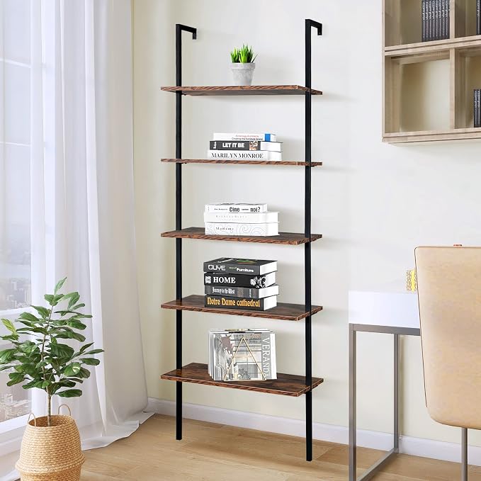 5 Tier Wall Mounted Ladder Shelf, Ladder Bookshelf with Metal Frame and Wood Shelf, Modern Learning Bookcase for Living Room, Bedroom, Office (23.6" W x 11.8" D x 70.8" H, Rustic Brown)