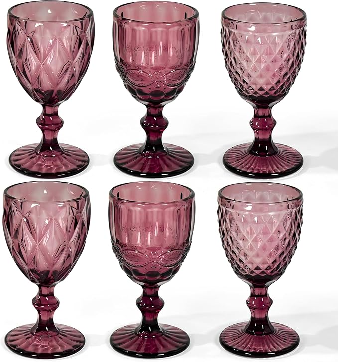 Vintage Wine Glasses Set of 6, 8 OZ Colored Glass Water Goblets, Embossed Floral Decorative Crystal Glass Cups Set, Dishwasher Safe, for Wedding, Party, Red Wine Glass, Bars, Restaurants