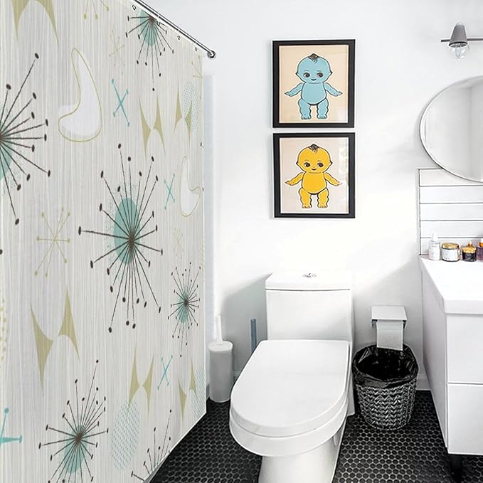 Mid Century Shower Curtains Modern Atomic Age Pattern Retro 50s Pattern Duty Fabric Shower Curtain Set Bathroom Polyester Waterproof with 12 Hooks, 66x72Inch（168x183cm）