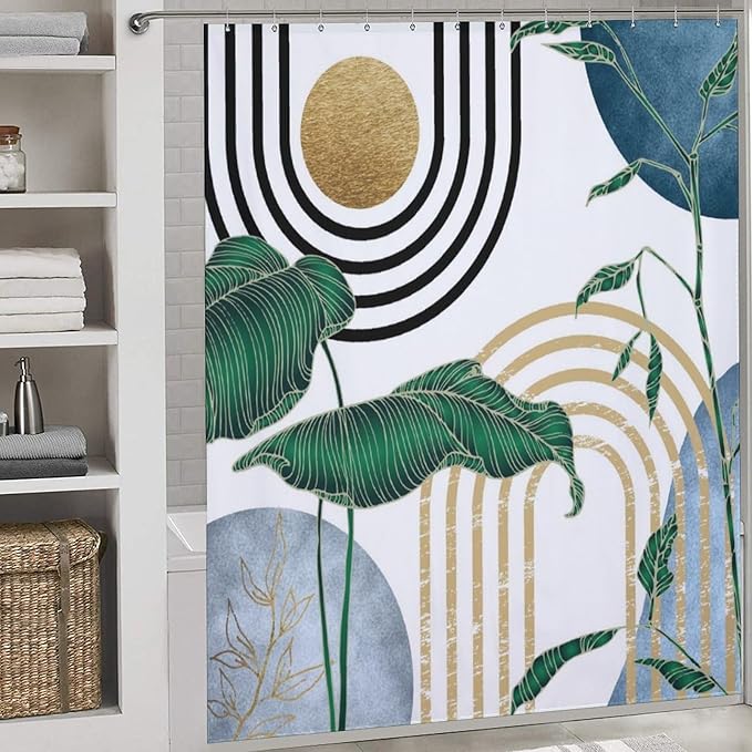 Boho Plant Shower Curtain,Mid Century Blue Green Plant Leaves Shower Curtain Set for Bathroom,Bohemian Modern Abstract Minimalist Fabric Bath Curtain with Hooks,72x78Inch