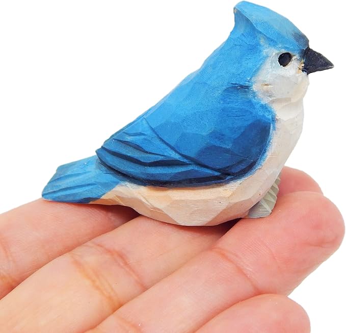 Selsela Hand-Carved Tufted Titmouse Bird Figurine - Wood Figurine Statue Blue Jay-Inspired Sculpture Ornament Decor Miniature Art. Handmade Carved Ornament for Rustic Decor & Collectors