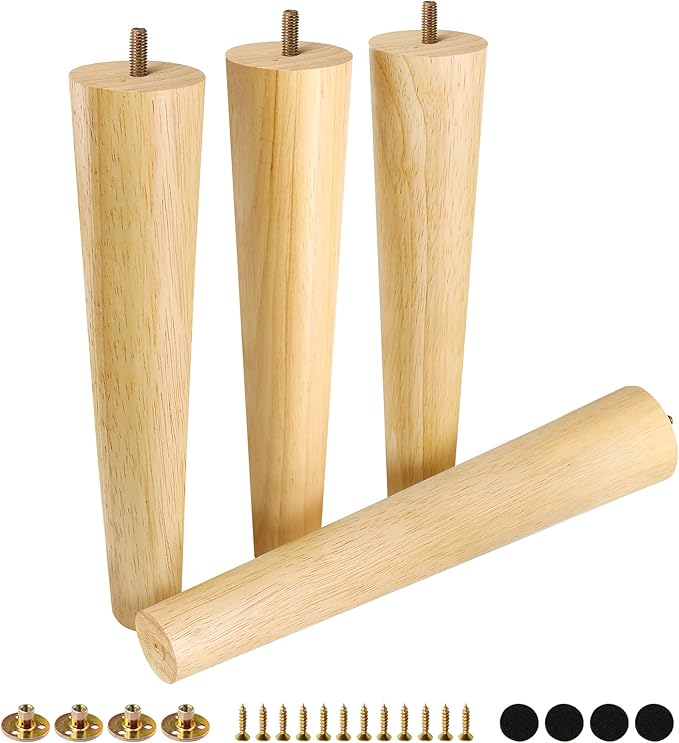 FoDau770 Rubber Wood Furniture Legs 12 Inches, Straight Tapered Wood Feet Mid Century Sofa Legs Set of 4, 5/16" UNC Furniture Feet Replacement Parts for Cabinet Couch Dresser Chair Ottoman Table