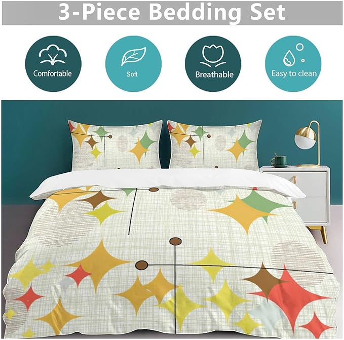 Mid Century Duvet Cover Sets Modern Mid Century Retro Grid Printed Lightweight Soft Quilt Cover Geometric Minimalist Abstract Soft Microfiber 3 Piece (1 Duvet Cover 90x102in + 2 Pillow Sham 20x30in)