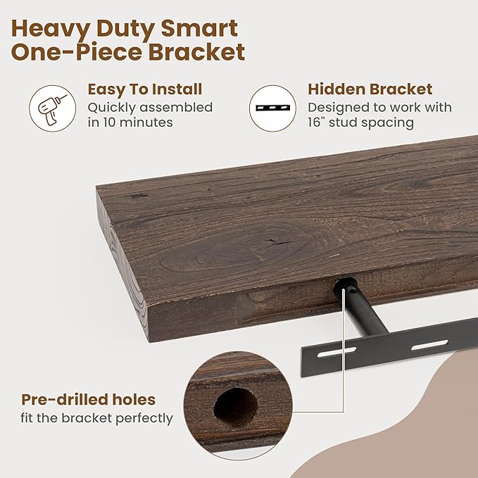 Floating Shelves for Wall Decor, 8 Inch Deep Rustic Solid Elm Wood Floating Shelves Wall Mounted, Wall Shelves with Invisible Bracket for Living Room Bathroom Bedroom Kitchen, 55 Inch Set of 1, Walnut