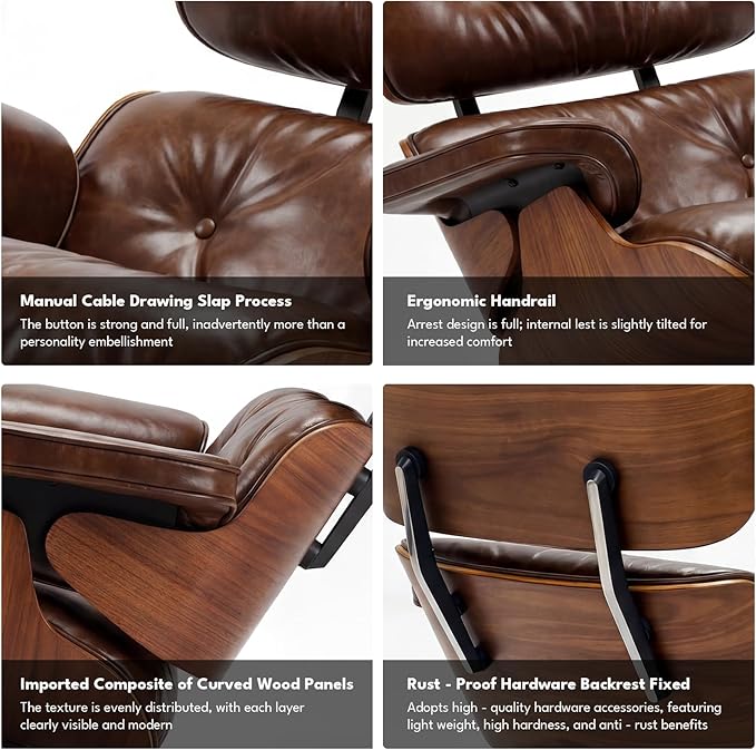 Top Grain Leather, Mid Century Chaise Lounge Chair and Ottoman, Reading Chair, Leather Accent Chair, Modern Chair, Classic Design, for Living Room Lounge Office,Retro Aged Leather, Walnut