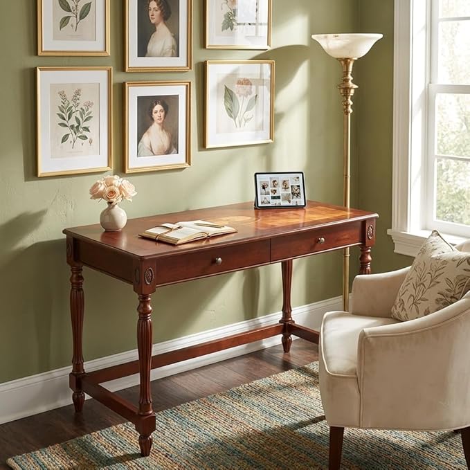 Large Computer Desk Office Table With 2 Drawers, 46" Solid Wood Study Writing Desk Workstation With Storage Space,Mid-Century Vanity Dressing Table for Home Office,Cherry Walnut BSZ1533WD-1
