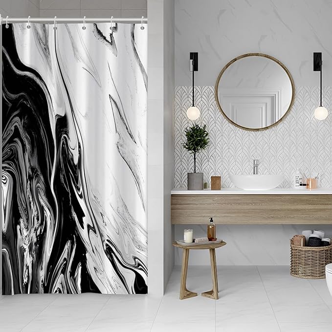 Black and White Shower Curtain, Modern Abstract Black Marble Shower Curtain for Bathroom Aesthetic Ink Texture Waterproof Shower Curtain Set with Hooks, 54x72 Inch