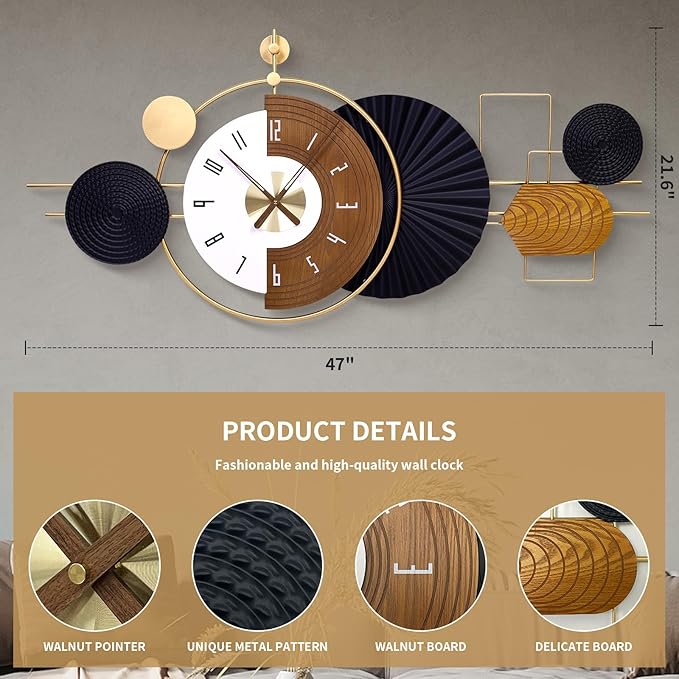 47X21.6inch Extra Large Wall Clock Battery Operated Decorative Modern Clocks for Living Room,Luxury Geometric Wall Clock Artistic Iron Wood Clocks for Suitable for Bed Room, Kitchen, Office