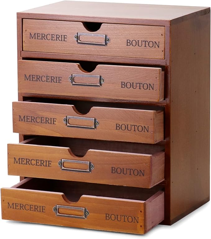 QWORK Vintage Wooden Home Office Desk Organizer with 5 Drawers - Rustic Desktop Storage Box for Jewelry, Cosmetics, Craft Paper & More