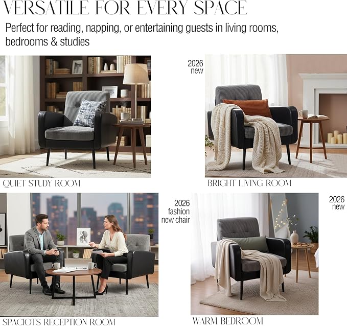 Comfy Accent Chair for Living Room Chairs Mid Century Modern Reading Chair Accent Chairs Set of 2 with Metal Legs,Upholstered Arm Chair for Bedroom Office Waiting Room (Black & Grey,2)