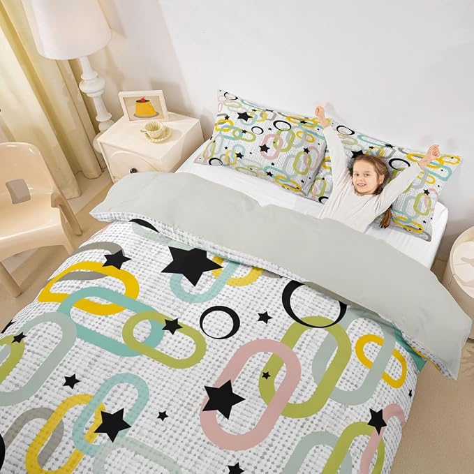 Erosebridal Boho Mid Century Comforter Cover Queen Modern Abstract Geometric Bedding Set Retro Vintage Artistic Aesthetic Duvet Cover for Kids Girls Boys Adults Atomic Minimalism Bed Set