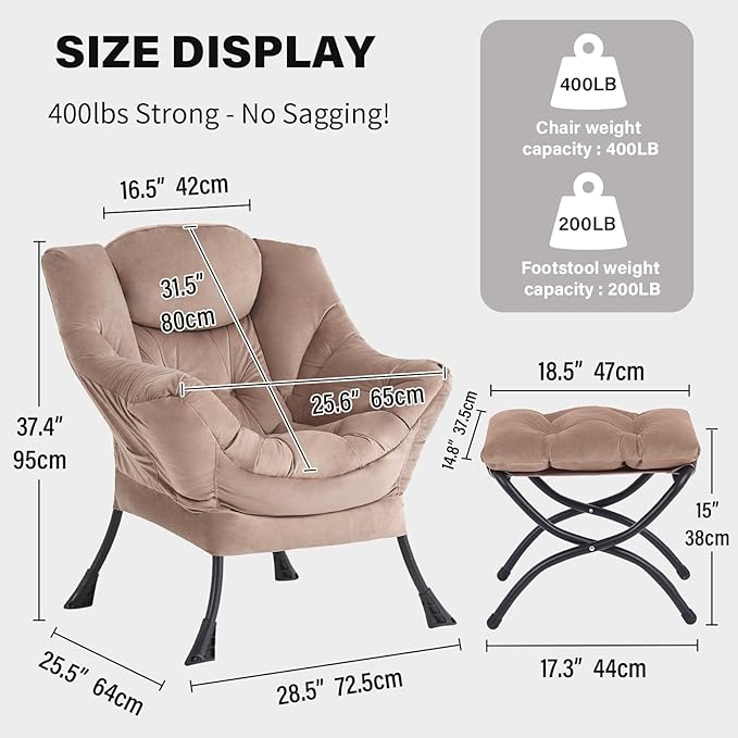 Tiita Lazy Chair with Ottoman, Khaki Modern Large Accent Chair, Comfy Leisure Sofa Armchair with Ottoman, Reading Chair with Footrest for Bedroom, Living Room, Dorm Rooms, Velvet Khaki