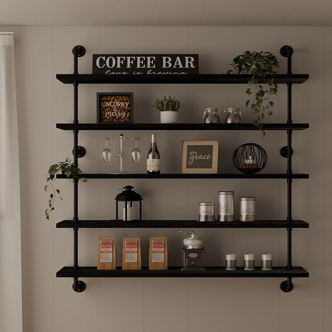 HDDFER Floating Shelves for Wall Bookshelf Industrial Pipe Shelving Shelves 48 Inch 5 Tier Natural Wood Planks Rustic Wall Shelves Hanging Bookshelves Farmhouse Kitchen Shelving Black