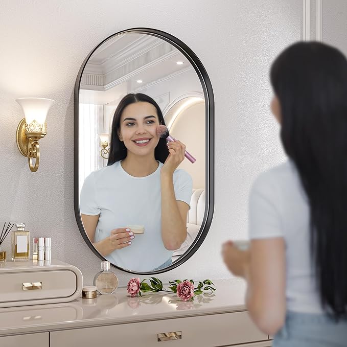 Brightify Black Oval Mirror for Wall 20x33 Inch, Metal Framed Bathroom Vanity Mirrors, Modern Pill Shape Mirror for Bedroom Living Room Wall Decorative Hang Vertical and Horizontal