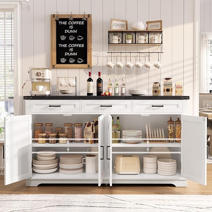 usikey 55”W Buffet Cabinet with 3 Large Drawers & 2 Adjustable Shelves, Modern Farmhouse Sideboard Buffet Cabinet with Storage, Credenza, Coffee Bar, White