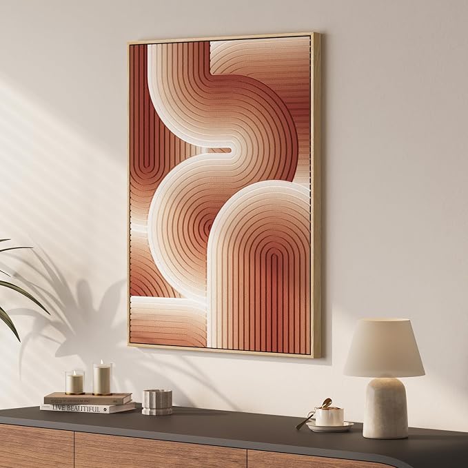 3D Textured Framed Boho Abstract Wall Art, Modern Terracotta Carved Geometric Paintings Artwork for Walls, Minimalist Wavy Line Pictures for Living Room Bedroom Dining Room Hallway Wall Decor 24x36 In