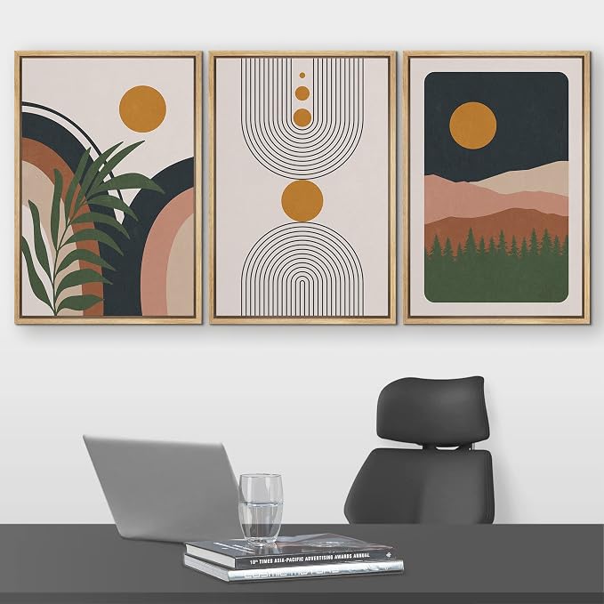 wall26 Framed Canvas Print Wall Art Set Boho Geometric Mid-Century Plant Planet Landscape Nature Abstract Illustrations Modern Bohemian Decorative for Living Room, Bedroom, Office - 16"x24"x3 Natural