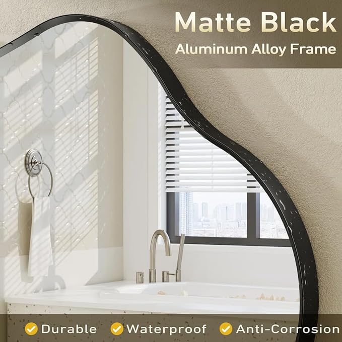 48x27 Black Irregular Wall Mirror, Black Matte Asymmetrical Bathroom Mirror, Decorative Aluminum Frame for Bathroom Bedroom Entryway, Shatterproof, Anti-Rust (Horizontally/Vertically)