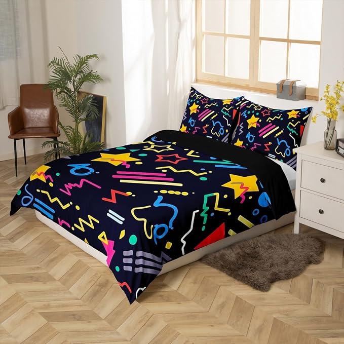 80s 90S Fashion Style Bedding Set Queen Size,Retro Memphis Style Pattern with Geometrical Shapes Duvet Cover for Kids Child,Funky Hipster Old Fashioned Comforter Cover Geometric Bedroom Decor